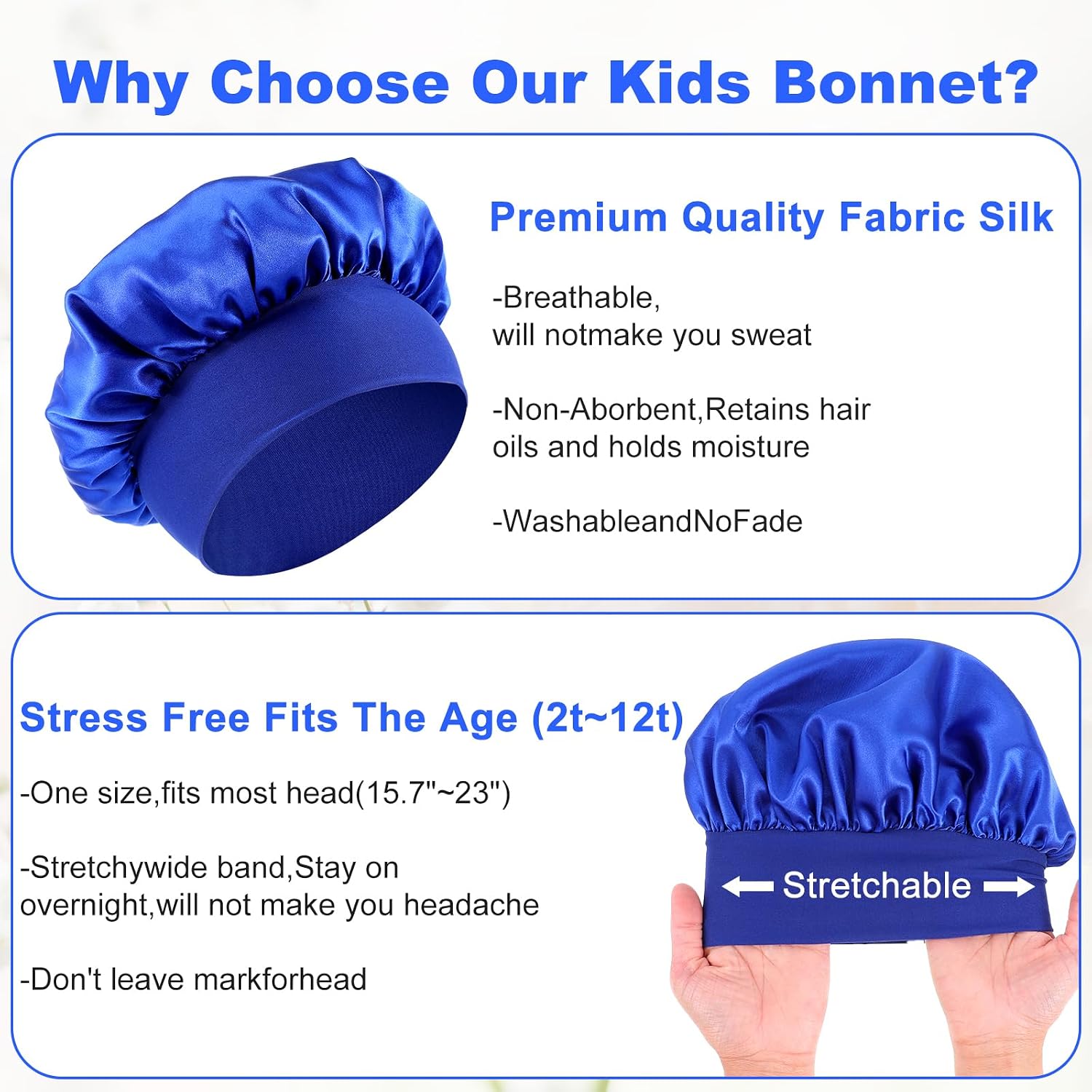 2Pcs Kid Bonnets for Girls Satin Bonnets for Kids Sleeping Toddler Bonnet | Elastic Wide Band, Soft Sleep Cap, for Teens Boys Child Toddler, Curly Hair Braids