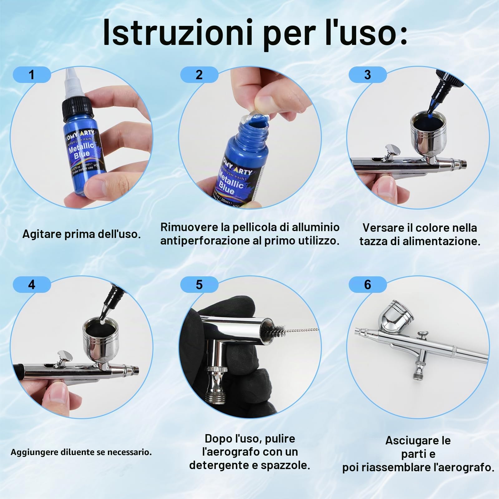 HOMY ARTY Colori Aerografo - 42 Colori con 6 Diluenti e Kit Pulizia | Aerografo 500 ml con Pennelli, Vernice Acrilici Pronta da Spruzzare per Metallo, Modelli in Plastica, Tela, Legno