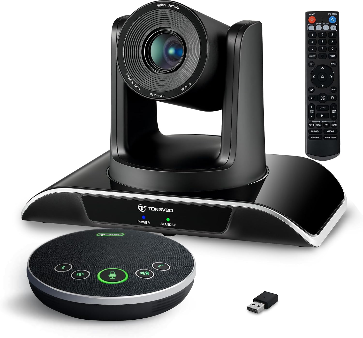 TONGVEO All-in-One Conference Room Video Camera System Al Auto-Tracking HD1080P 60fps 3X Optical Zoom USB3.0 HDMI PTZ Camera and Bluetooth Conference Speakerphone with Microphones