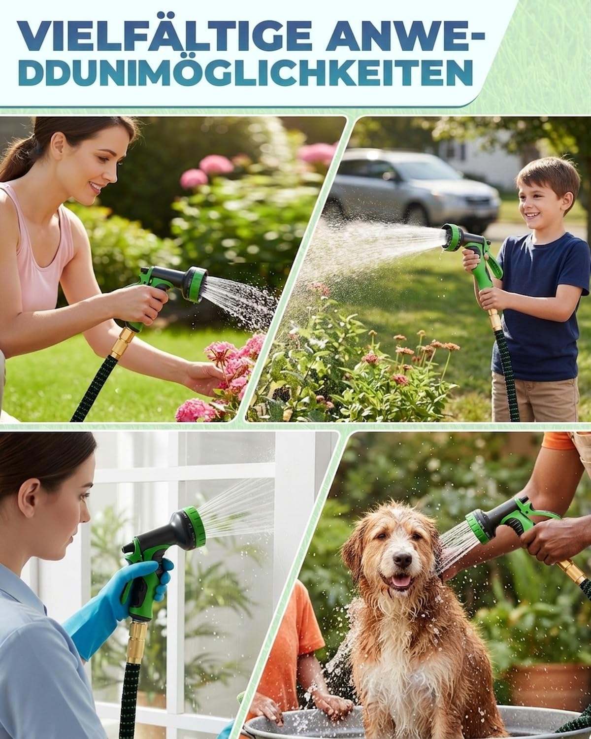 Bewässerungsschlauch 45 m Schwarz-Grün, Flexibler Gartenschlauch mit 3X-Ausdehnung, 3-Lagen-Latexkern, 3750D-Gewebe, Gartenbrause mit 10 Sprüharten