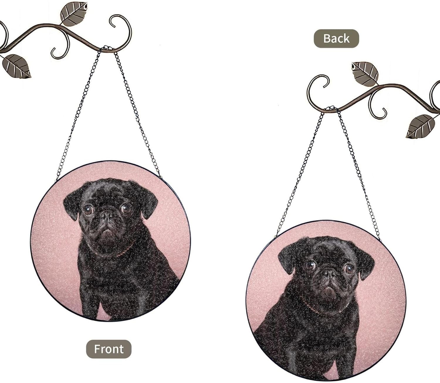 Stained Glass Window Hanging 6in（15cm）, Cute Black Pug Glass Suncatcher for Home Decor, Indoor Wall Art Glass Panel with Metal Chain and Hooks, Sun Catcher Ornament Birthday Gifts