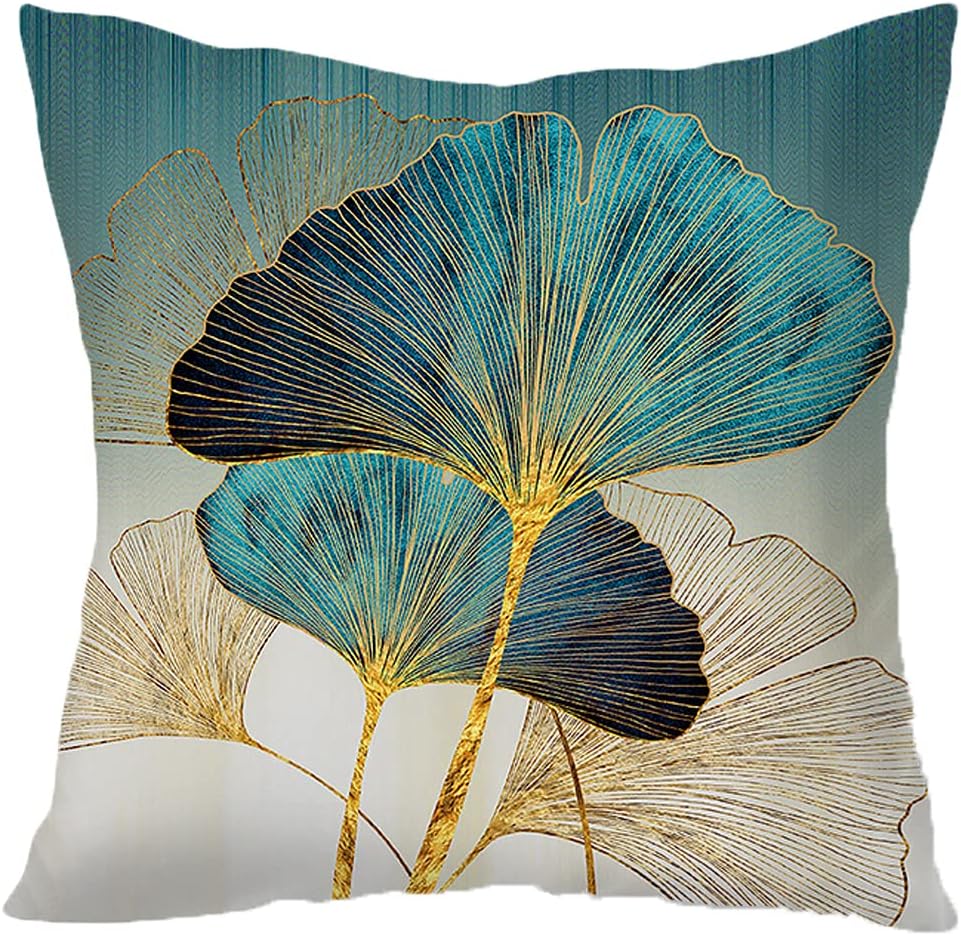 Throw Pillow Cover Green Plant Leaves - 18 x 18 Inch Teal Pillow Cushion Cover - Set of 2 Turquoise Ginkgo Leaf Cushion Case, Great for Sofa, Bedroom, Yard, Living Room Decor Teal and Gold 18 x 18-Inch