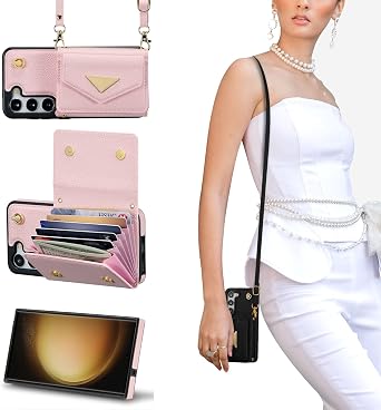 ZCDAYE for Samsung Galaxy S23 FE Wallet Case, Samsung S23 FE 6.4 inch Crossbody Wallet Phone Case with Lanyard, PU Leather Card Holder Kickstand Snap Closure Flip Folio Protective Cover, Pink