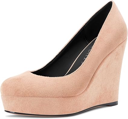 DearOnly Womens Wedge Platform Pumps Closed Round Toe High Block Chunky Heel Suede Dress Shoes Bridal Wedding Shopping Cute 4 Inch
