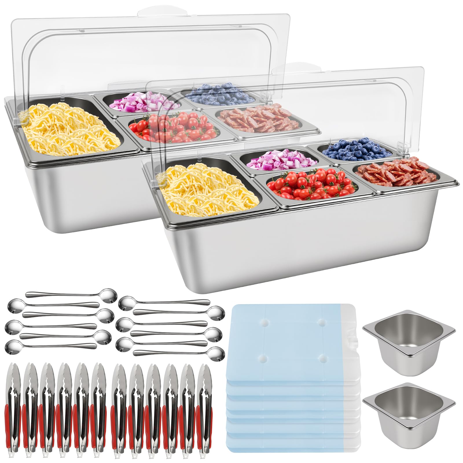 Kalolary 2 Stücke Edelstahl Zutatenbehälter, 7 Pfannen Gewürz Organizer Set aus Edelstahl für Salatbar Buffet mit Löffeln Kühlboxen und Buffetbehältern für Soßen Marmeladen Zutaten Küche Restaurant