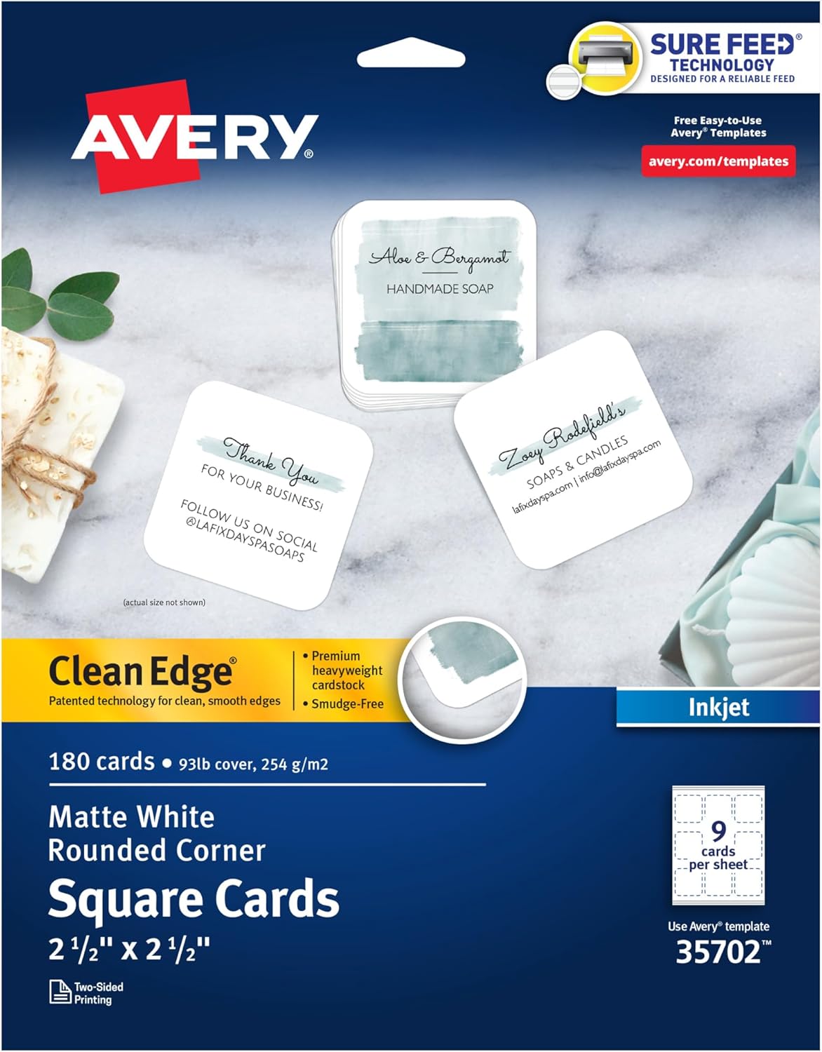 Avery® Clean Edge® Printable Square Cards With Sure Feed® Technology & Rounded Corners, 2.5" x 2.5", White, 180 Blank Cards For Inkjet Printers