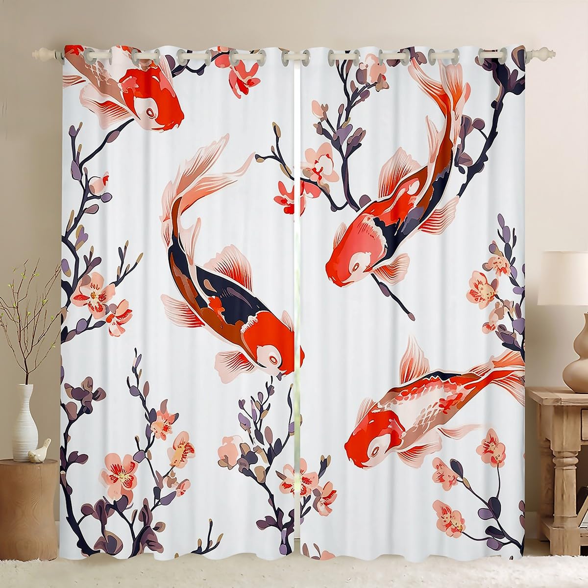 feelingyou Goldfish Blackout Curtains 2 Panels 46Wx72L Watercolor Cherry Blossom Retro Flowers Window Drapes for Kids Teens Adults Orange Red Pond Animal Chinese Style Curtains for Living Room — image 1
