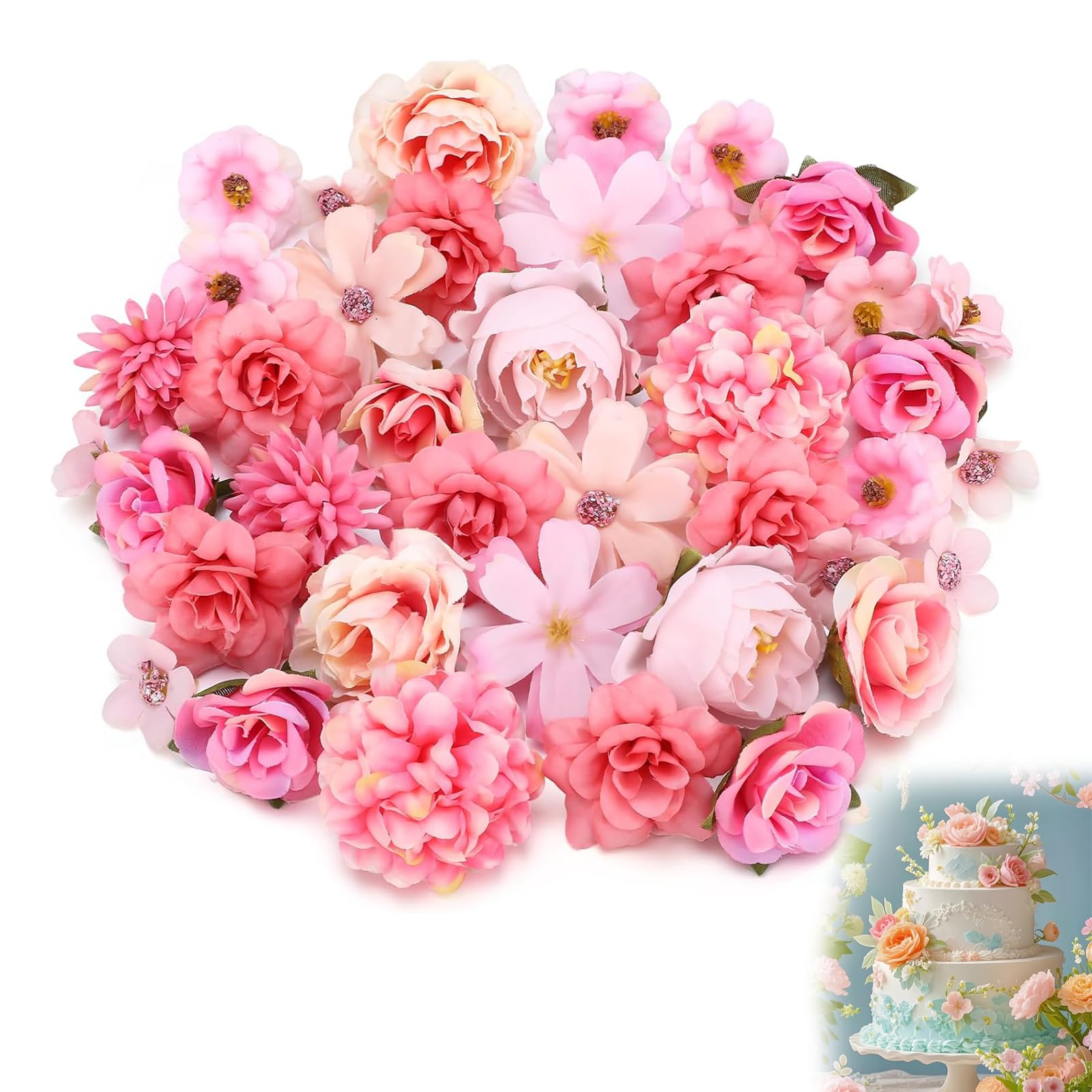 Artificial Flower Heads,20PCS Realistic Flower Cake Decorations with 10 Styles,Pink Small Artificial Flowers,Mini Pink Flower Heads,Silk Faux Craft Flowers for Hair Wedding Party Wall Home Decor DIY