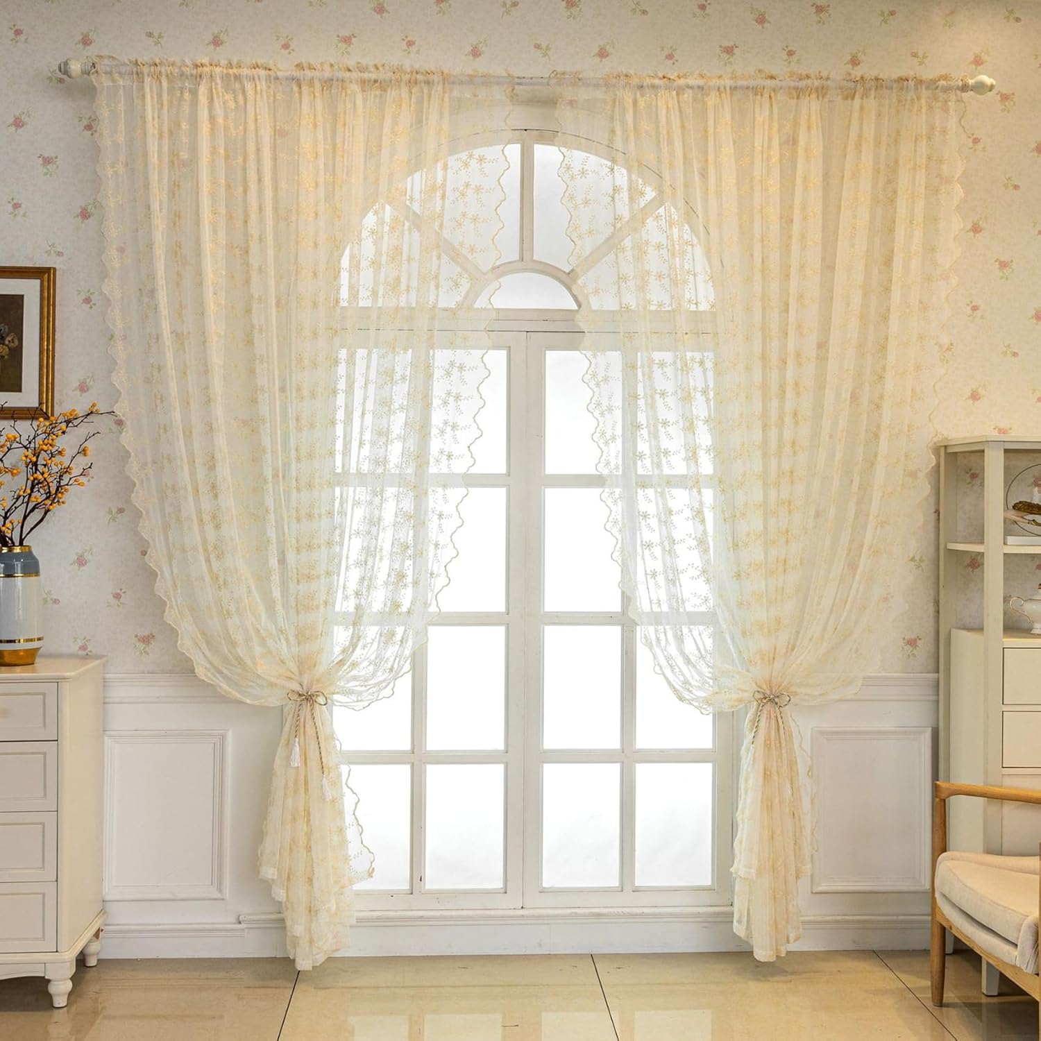 Gxi Ivory Lace Sheer Curtain for Living Room Bedroom Vintage French Curtain Floral Embroidered Rod Pocket Voile Decorative Farmhouse Curtain Window Treatment Set of 2 Panels, Each W55 x L94 inch