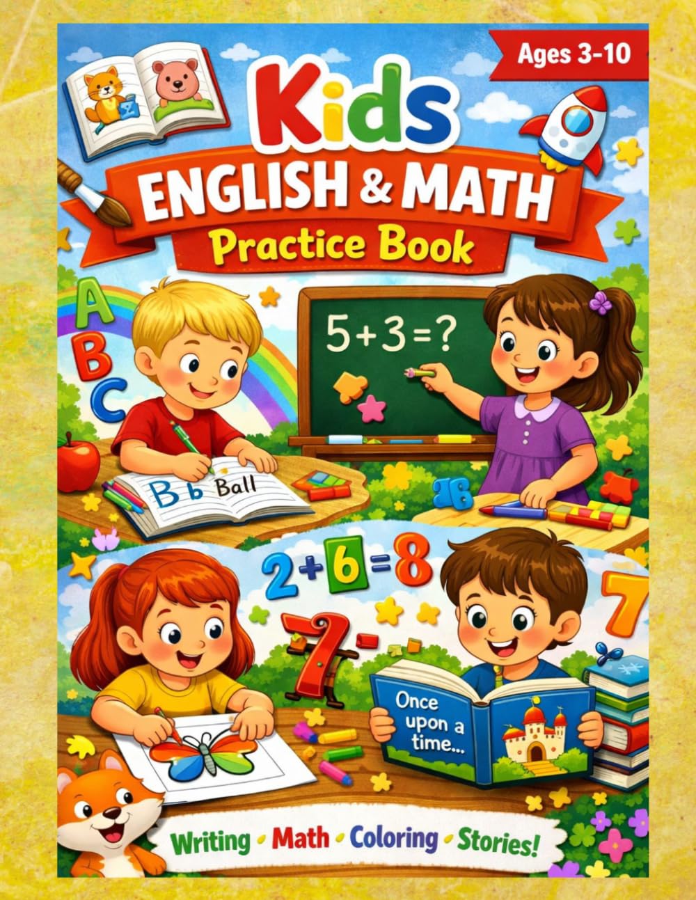 Kids First English & Math Practice Book for Ages 3–10 | Writing, Coloring, Stories & Fun Learning Workbook: Engaging early learning workbook with ... stories — perfect for preschool to grade 4.