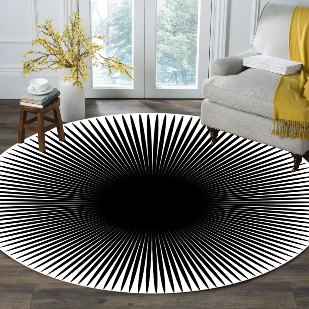 Modern Abstract Sunburst Round Rug 10' Black and White Stripes Line Soft Area Rug for Livingroom Bedroom Diningroom Washable Circle Carpet Faux Wool