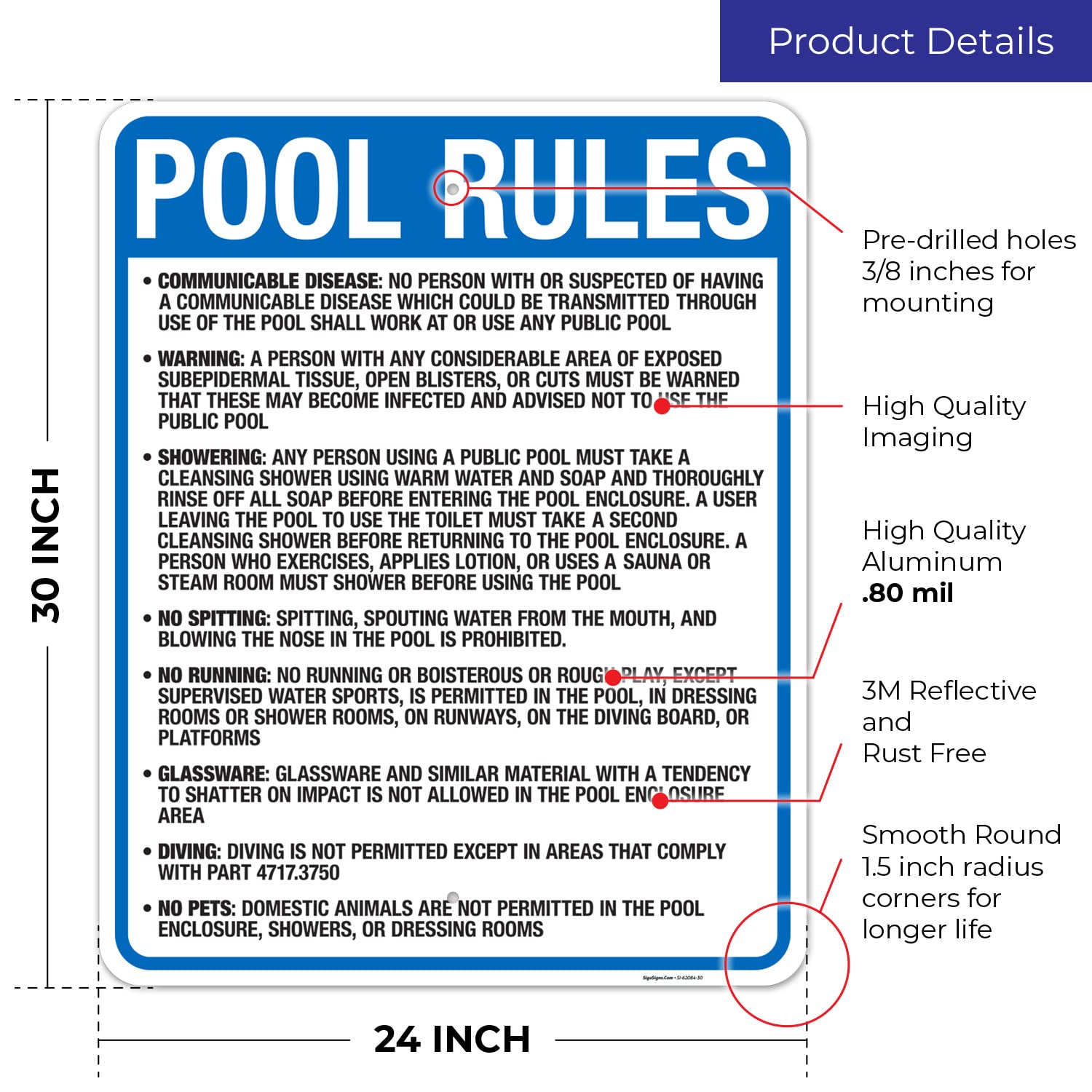 Minnesota Pool Rules Sign, Complies with State of Minnesota Pool Safety Code, (SI-62084) 24x30 Inches, Rust Free .063 Aluminum, Fade Resistant, Made in USA