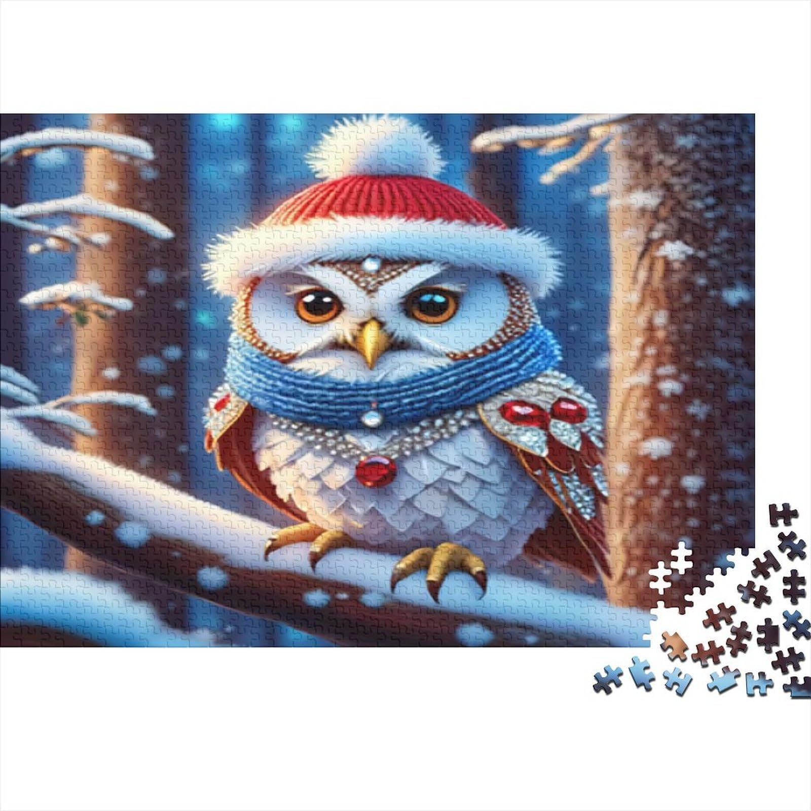 Christmas Owl Mini 1000 Piece Jigsaw Puzzle Paper Jigsaw for Adults Snow Forest Mini Puzzle Game for Family Relaxation Focus Gift 38x26cm/1000pcs