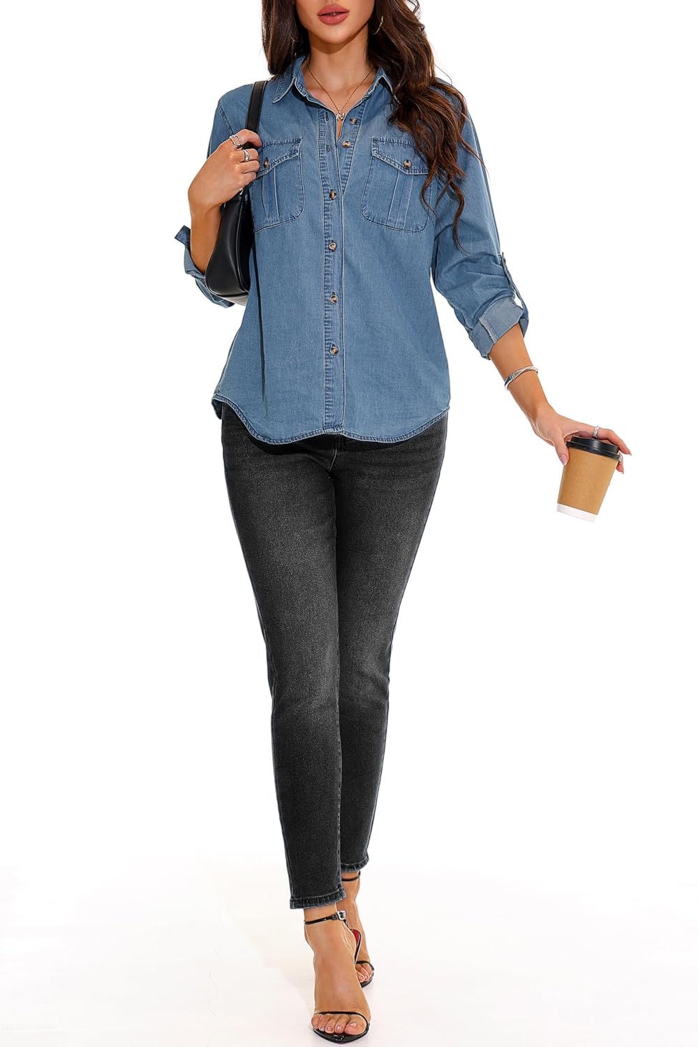 GUANYY Womens Denim Shirts Long Sleeve Oversized Button Down Western Jean Shirt Lightweight Chambray Blouse Top