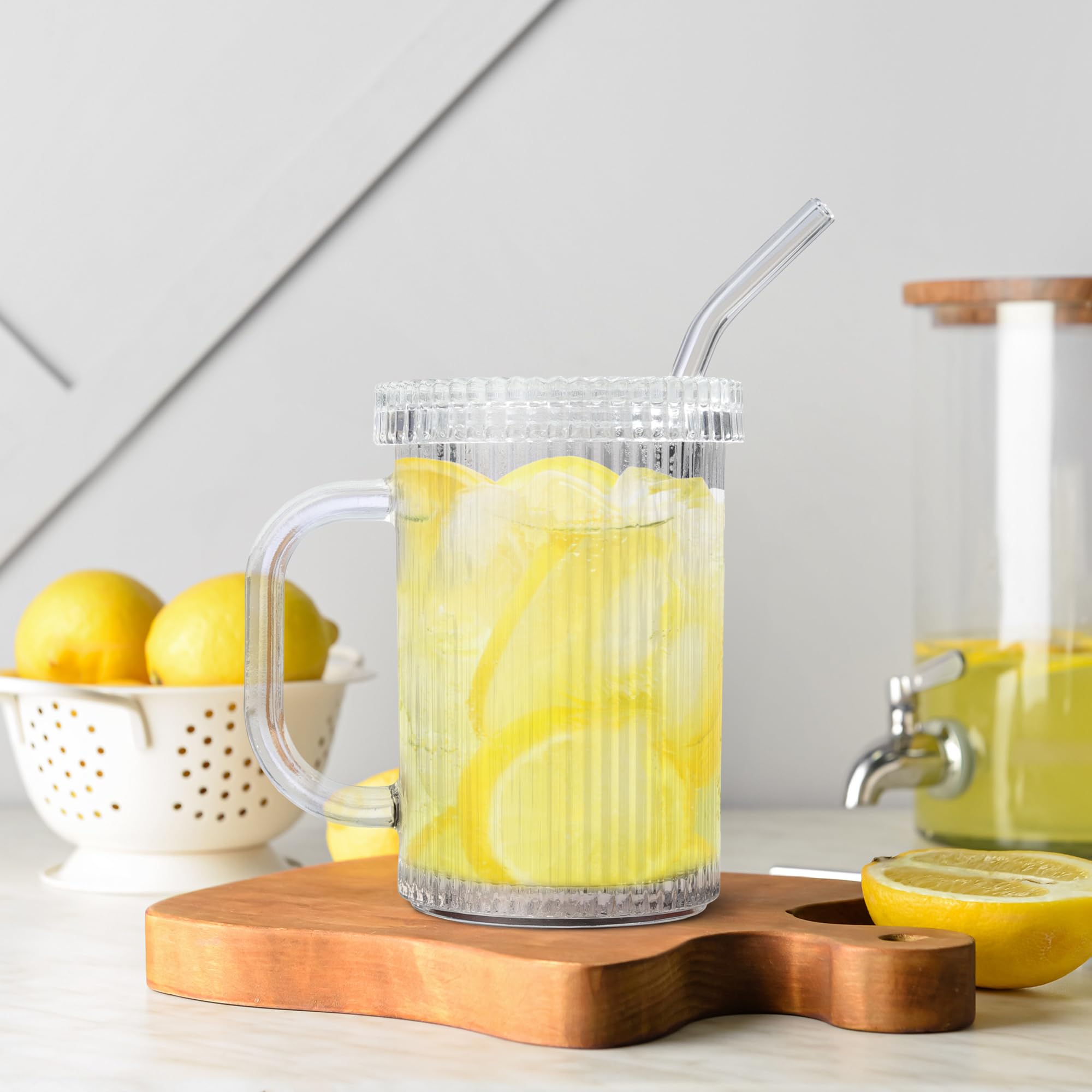 Joeyan 390ml Vasos de cristal transparente con ondulaciones, con pajilla y tapa de cristal y asa,set de 2,Ideales para agua, café frío, bebidas, té. Vasos de agua para el hogar, la cocina y la oficina