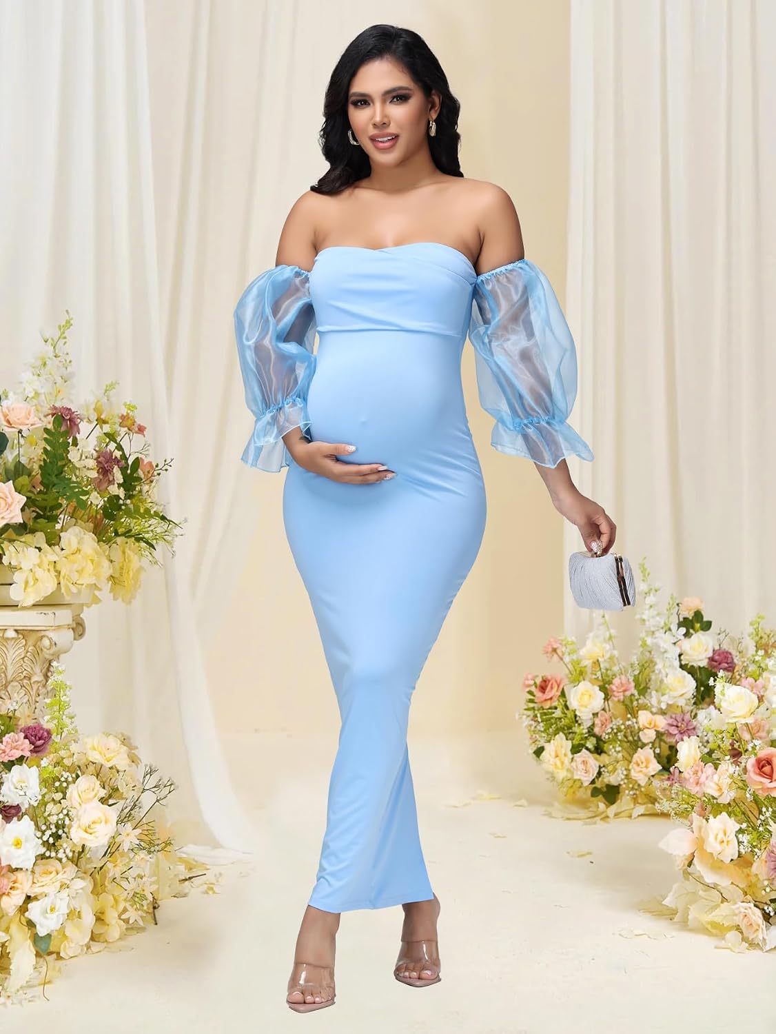 Maternity Off Shoulder Lantern Sleeves Maxi Baby Shower Dress for Photoshoot Back Split Bodycon Party Long Gown