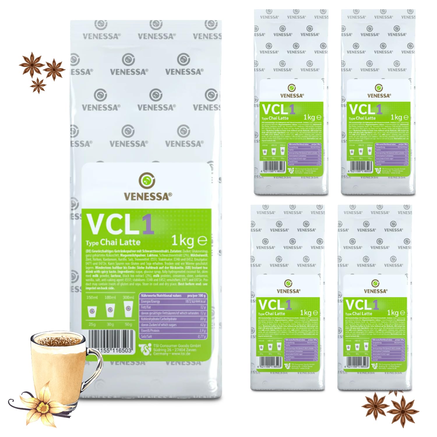 VENESSA VCL1 Chai Latte 5 paquetes de 1 kg - Soluble - Extracto instantáneo de té negro con agradable dulzura - Té instantáneo en polvo para cafeteras automáticas