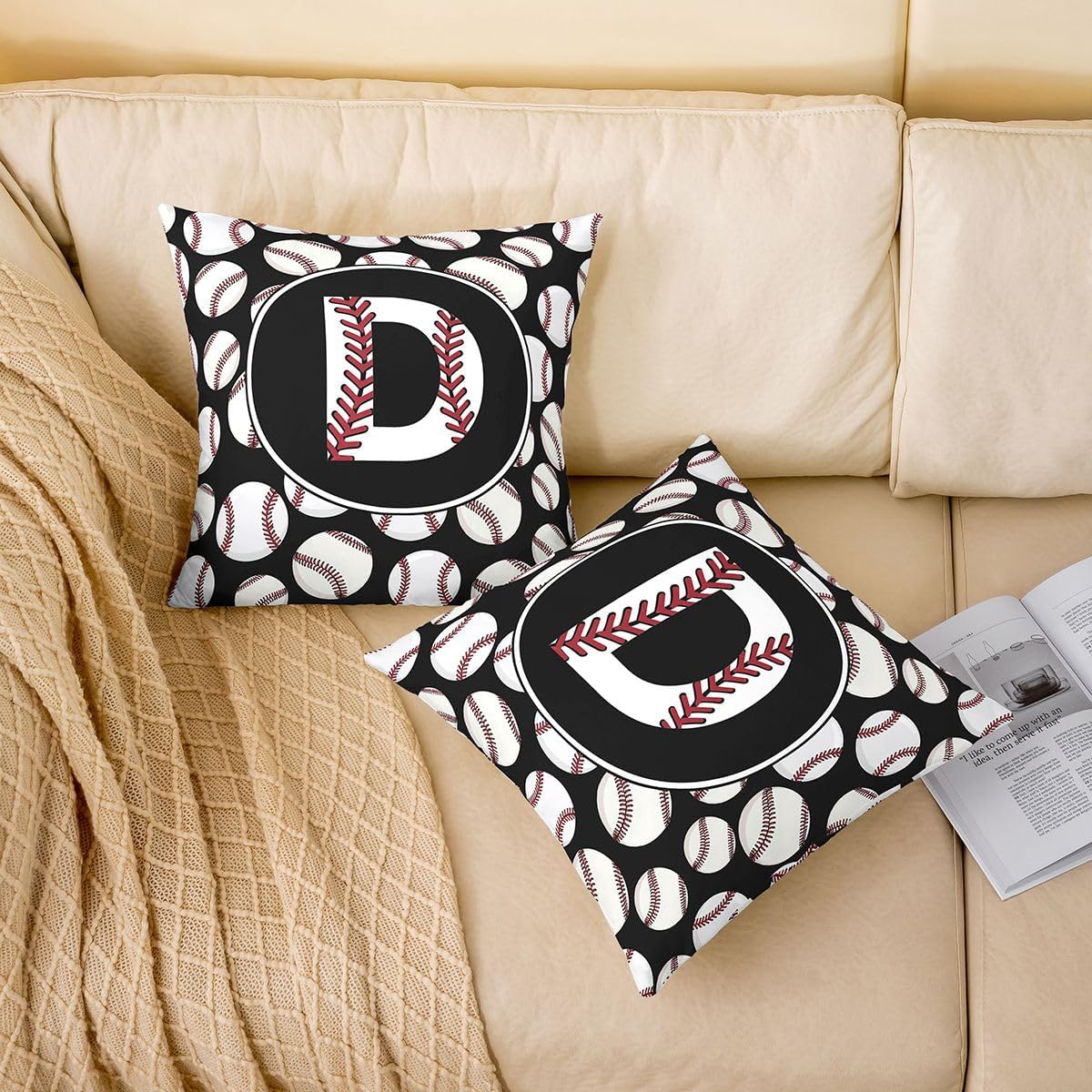 Personalized Initial D Throw Pillow Covers 20x20 for Women Men - Ball Sport Gaming Decorative Cushion Cover Baseball Laces Monogrammed Throw Pillow Case For Bed Couch Sofa Alphabet Letters Home Decor image 3