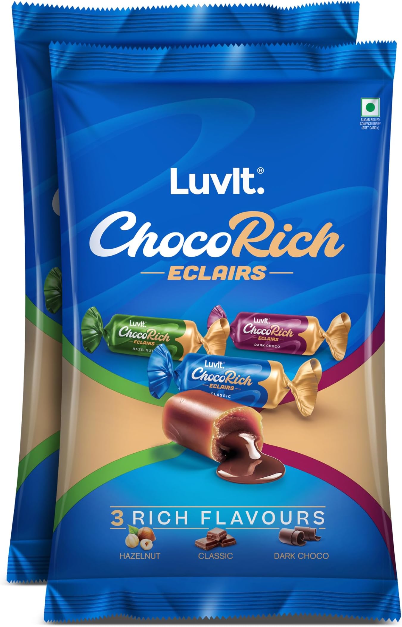 LuvIt. Chocorich Assorted Eclairs | Birthday Party Pack | Hazelnut,Dark Choco & Chocolate | 60 Units Per Pouch | Pack of 2-480 grams Each