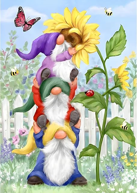 MXJSUA Diamond Painting Gnome Kits, 5D Spring Diamond Painting Kits for Adults Beginner, Diamond Art Landscape Kits Adults, Diamond Picture Gem Arts Painting Gnome and Sunflower 30x40cm for Decor