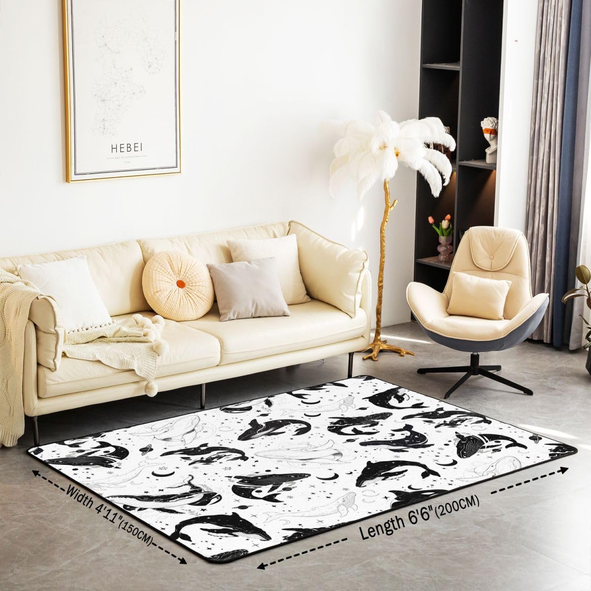 Manfei Wal Bereich Teppiche,Boho Sterne Mond Rutschfester Teppich Hand gezeichnet Sealife Indoor Fußbodenmatte Home Wohnzimmer Dekor,100 x 150 cm
