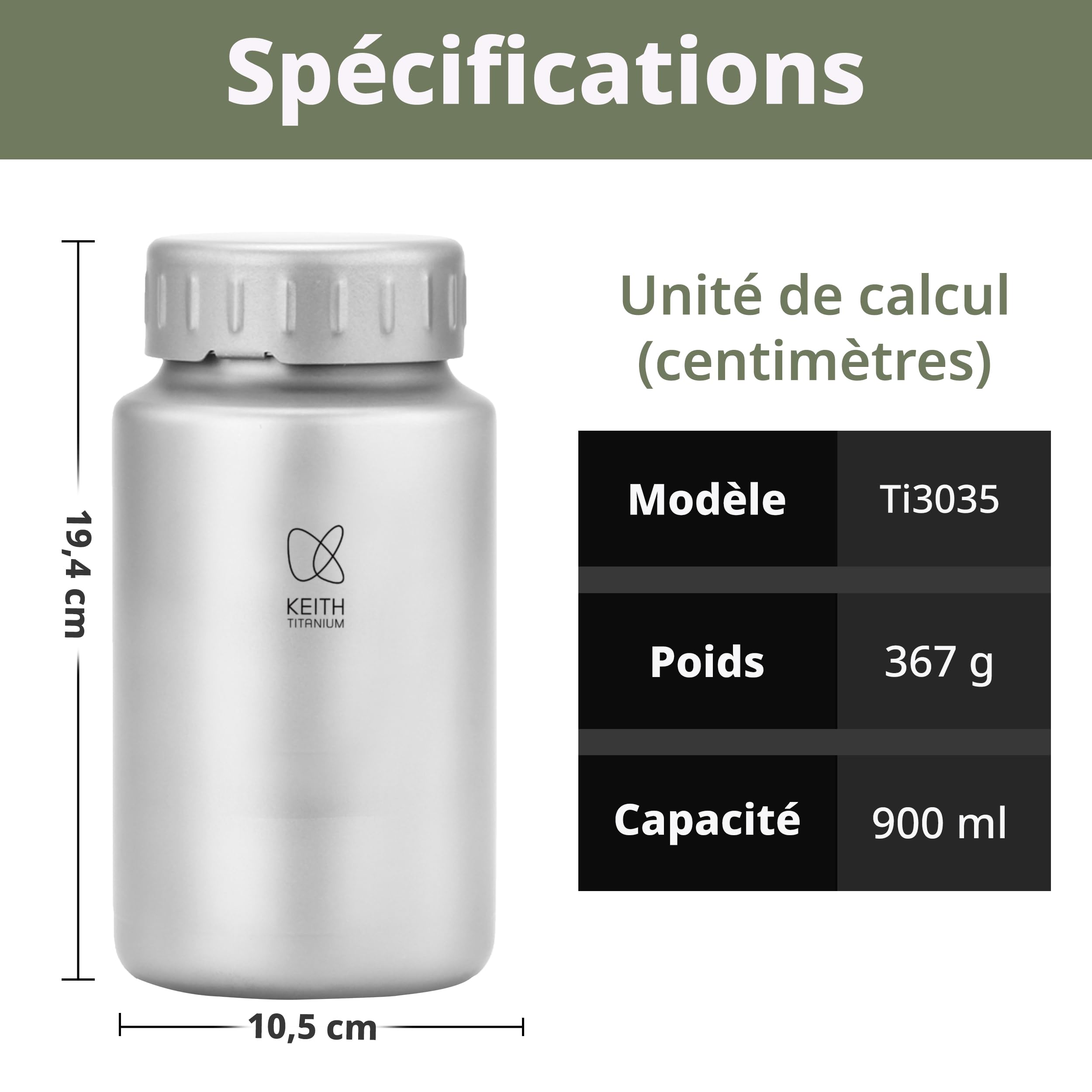 Keith Titan Bouteille d'eau de sport – Bouteille isotherme étanche avec couvercle isolé pour la randonnée, la salle de sport et les aventures en plein air, bouteille d'eau isolée (900 ml)