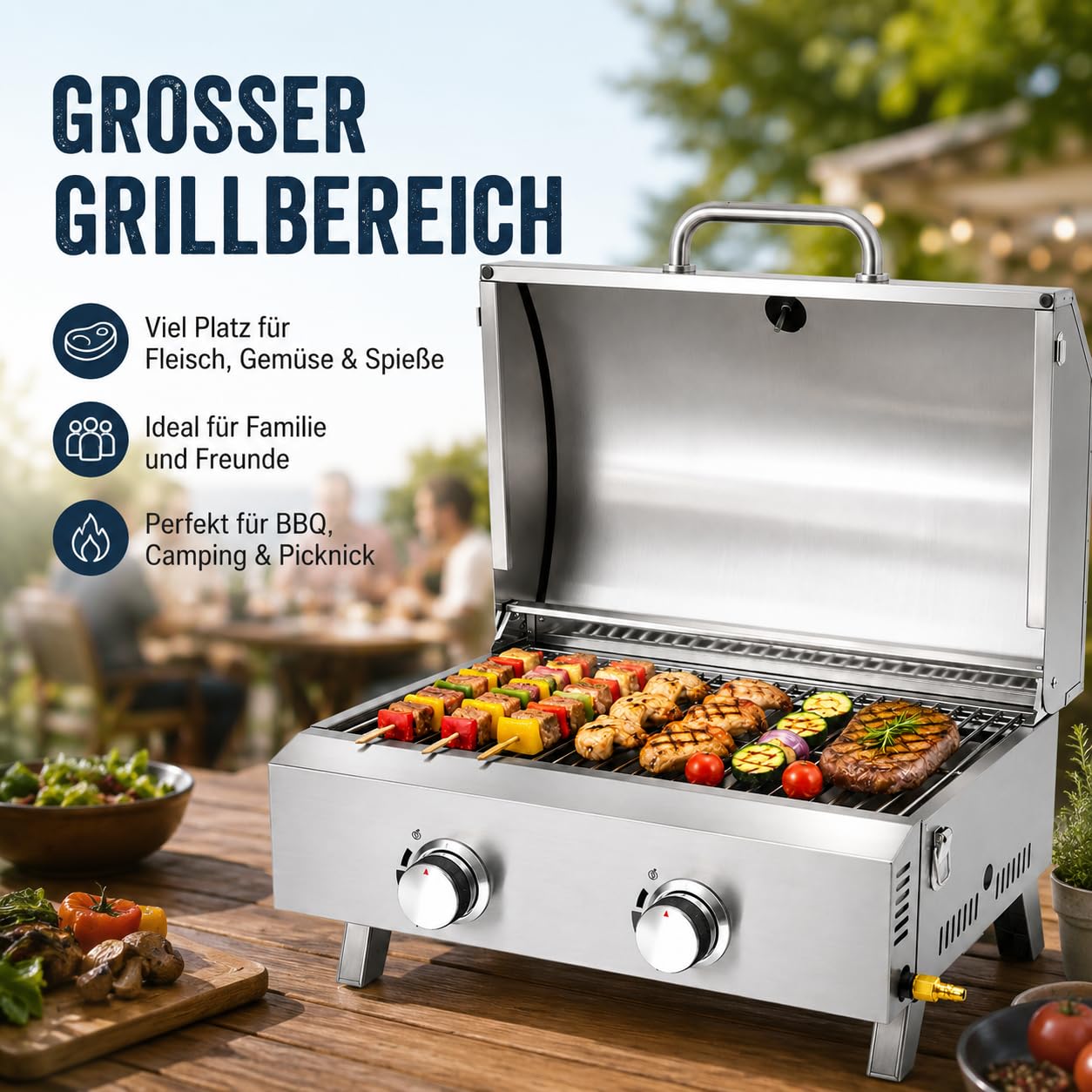 Grill gazowy, 2 palniki, kompaktowy grill gazowy ze stali nierdzewnej, przenośny, kempingowy grill gazowy LPG z rusztem do grillowania, termometrem i kamieniem do pizzy, do ogrodu, na taras, piknik i