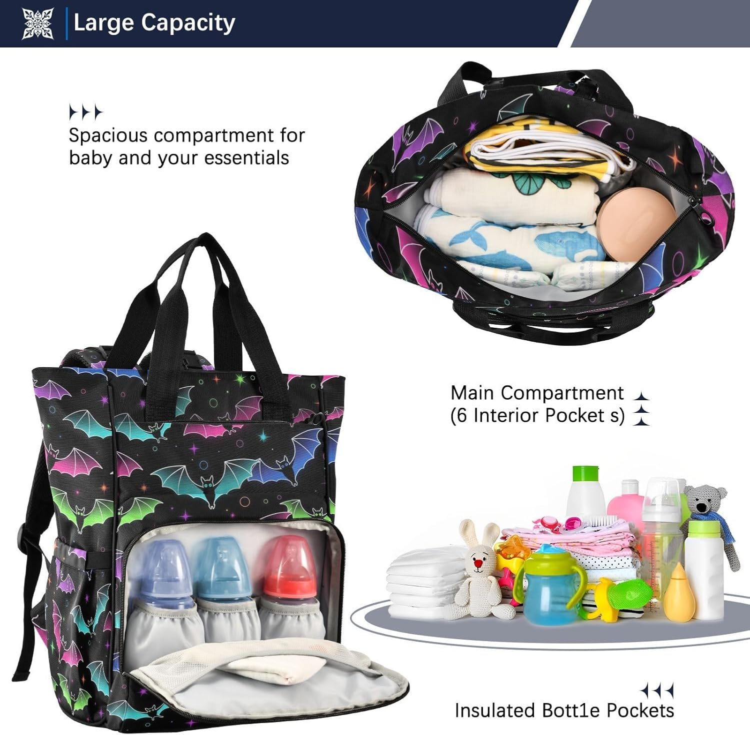 MNSRUU Diaper Bag Halloween Luminous Bats Diaper Bag Backpack Multifunction Travel Diaper Bag Tote Large Capacity Diaper Changing Backpacks for Moms Dads