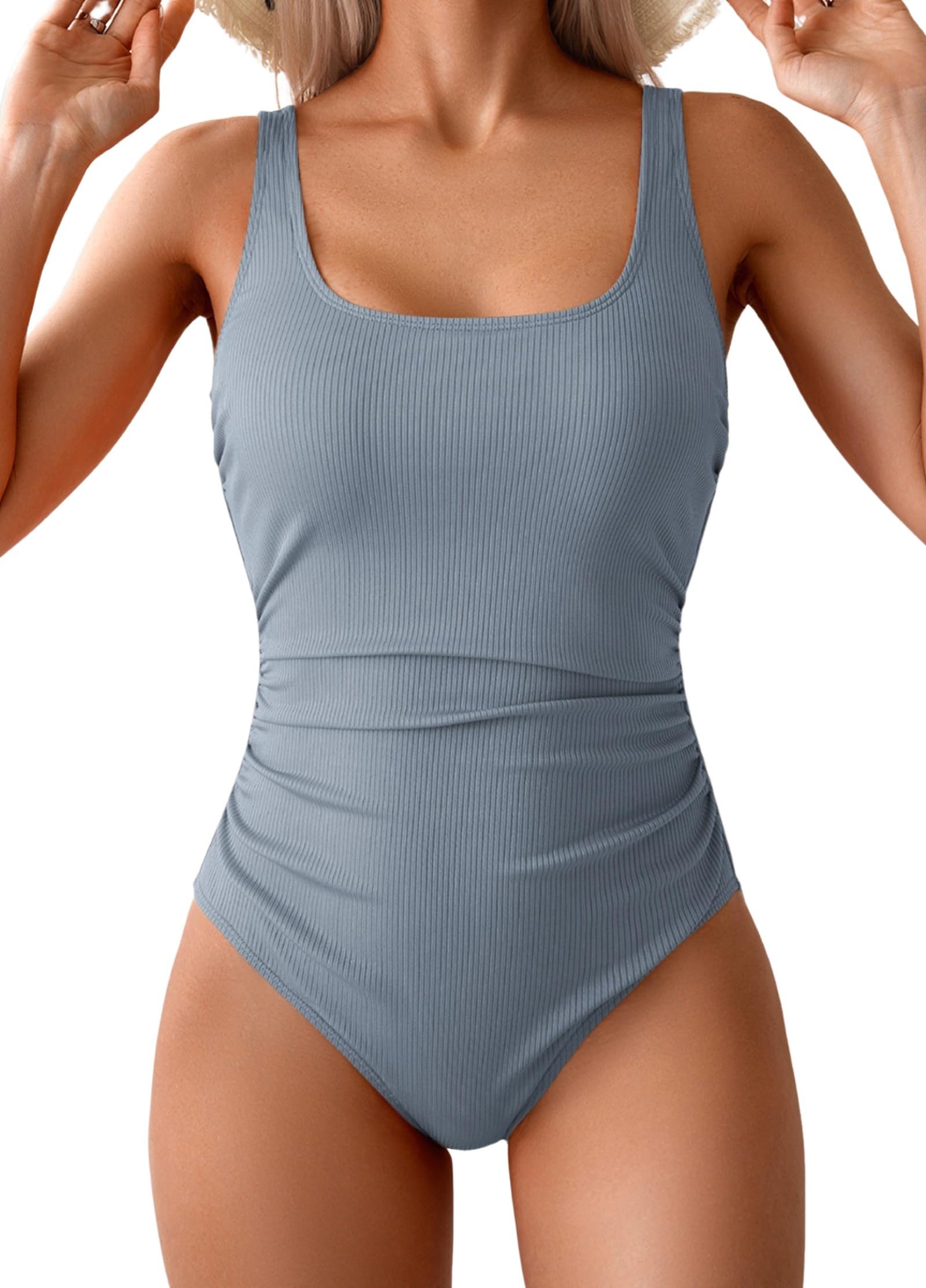 Aidonger One Piece Swimsuit for Women Ribbed Tummy Control Bathing Suit Ruched Swim Suit Slimming Swimwear