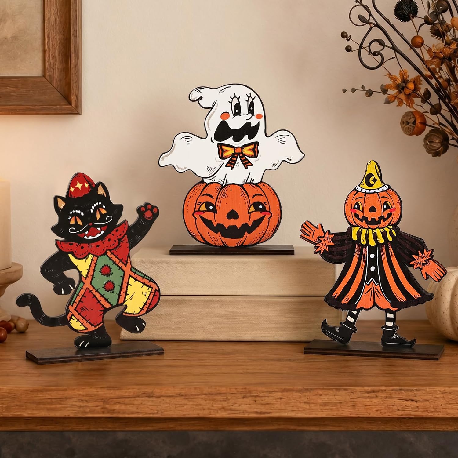 Halloween Table Decorations Indoor: 3pcs Vintage Smiling Black Cat Ghost Pumpkin Wood Plank Signs Set Centerpiece, Retro Rustic Trick or Treat Decor for Tiered Tray Desk Mantel Office Home Kids