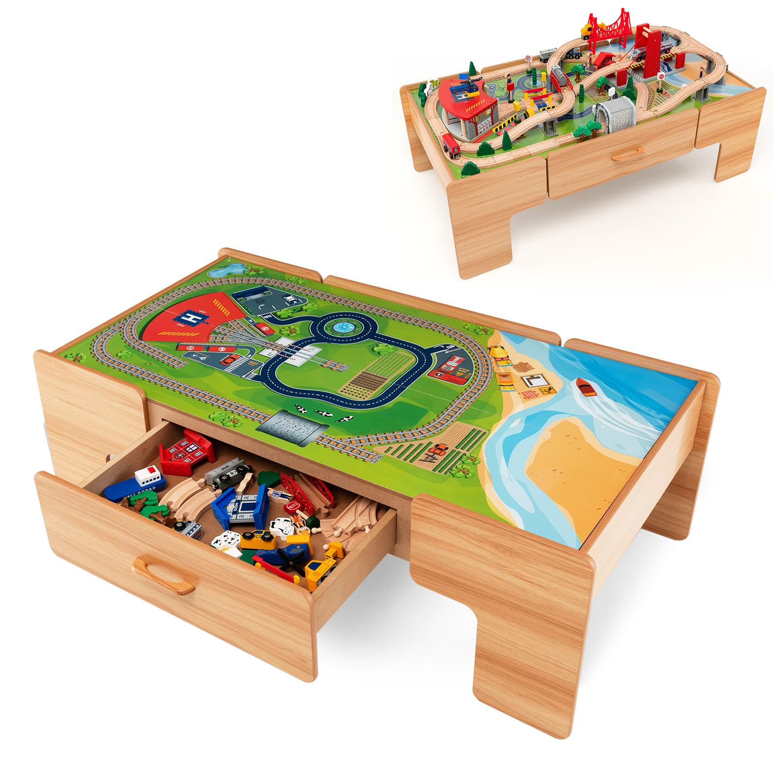 Table De Jeu En Bois Pour Enfants Avec Circuit Train - 94 Accessoires - Tiroirs De Rangement - Multifonction
