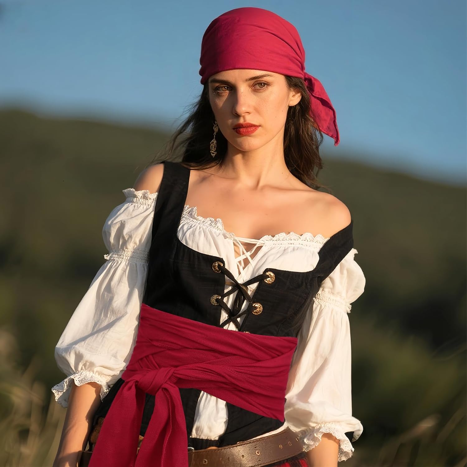 Pirate Accessories Halloween Costume Set 4Pcs Pirate Hat Bandana Halloween Head Scarf Sash Belt Renaissance for Women Men - Image 6