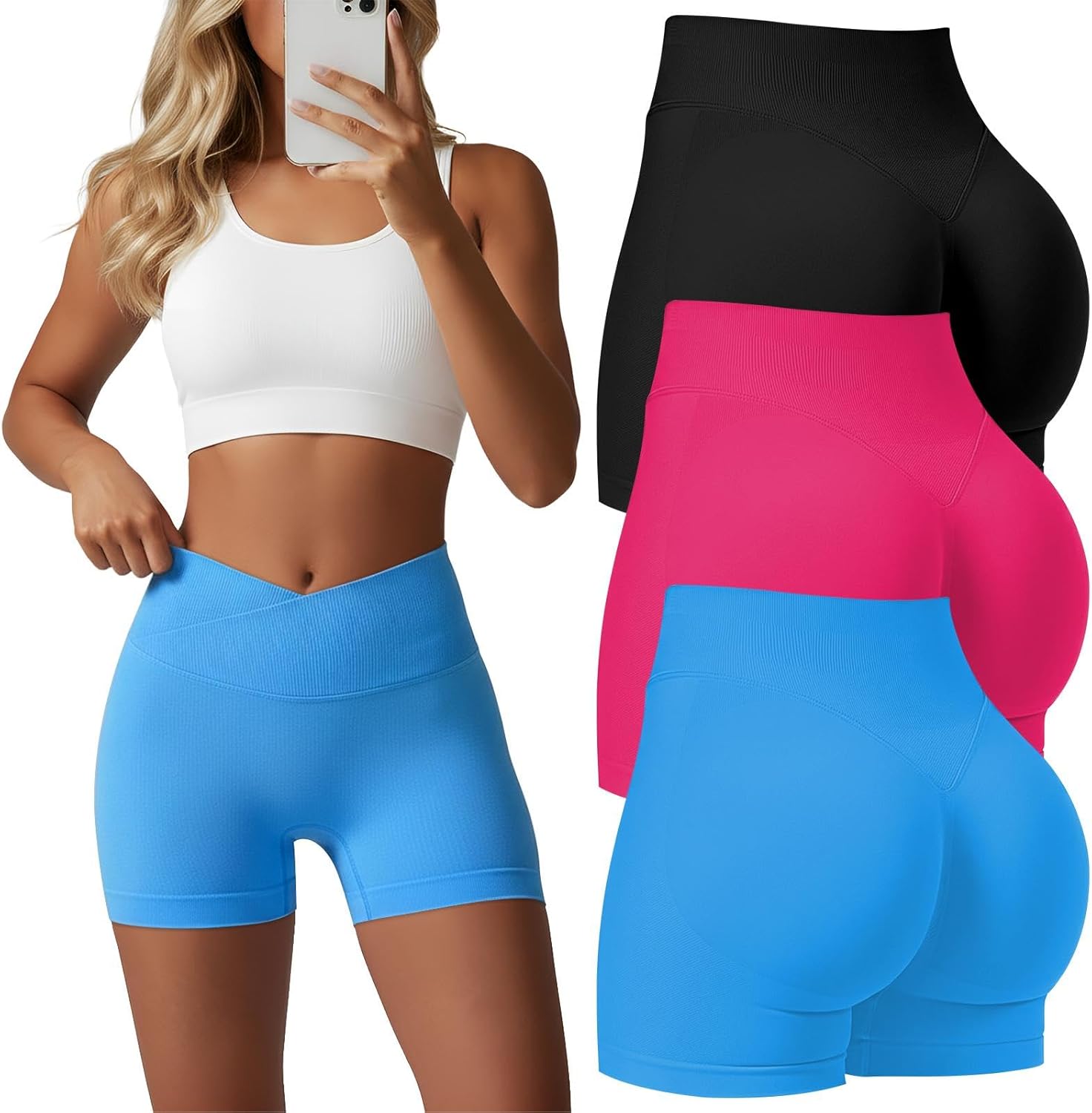 Coume 3 Pack Women's Workout Gym Shorts High Waist Seamless Biker Shorts Cross Butt Lifting Scrunch Athletic Yoga Sports