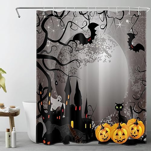 EOBTAIN Cortina de ducha de calabaza espeluznante de Halloween, fantasma y gato murciélago con casa embrujada en noche oscura aterradora, cortina de