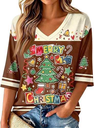 ASUIU Womens Christmas Shirts Oversized 3/4 Sleeve 2026 Rein