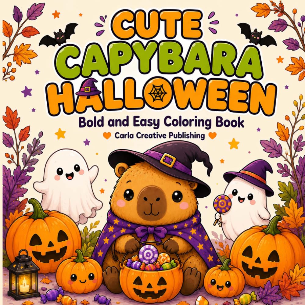 Cute Capybara Halloween: A Bold and Easy Coloring Book with Cute Capybaras, Friendly Ghosts, Pumpkins, Candy, and Cozy Halloween Scenes for Kids, Teens, and Adults