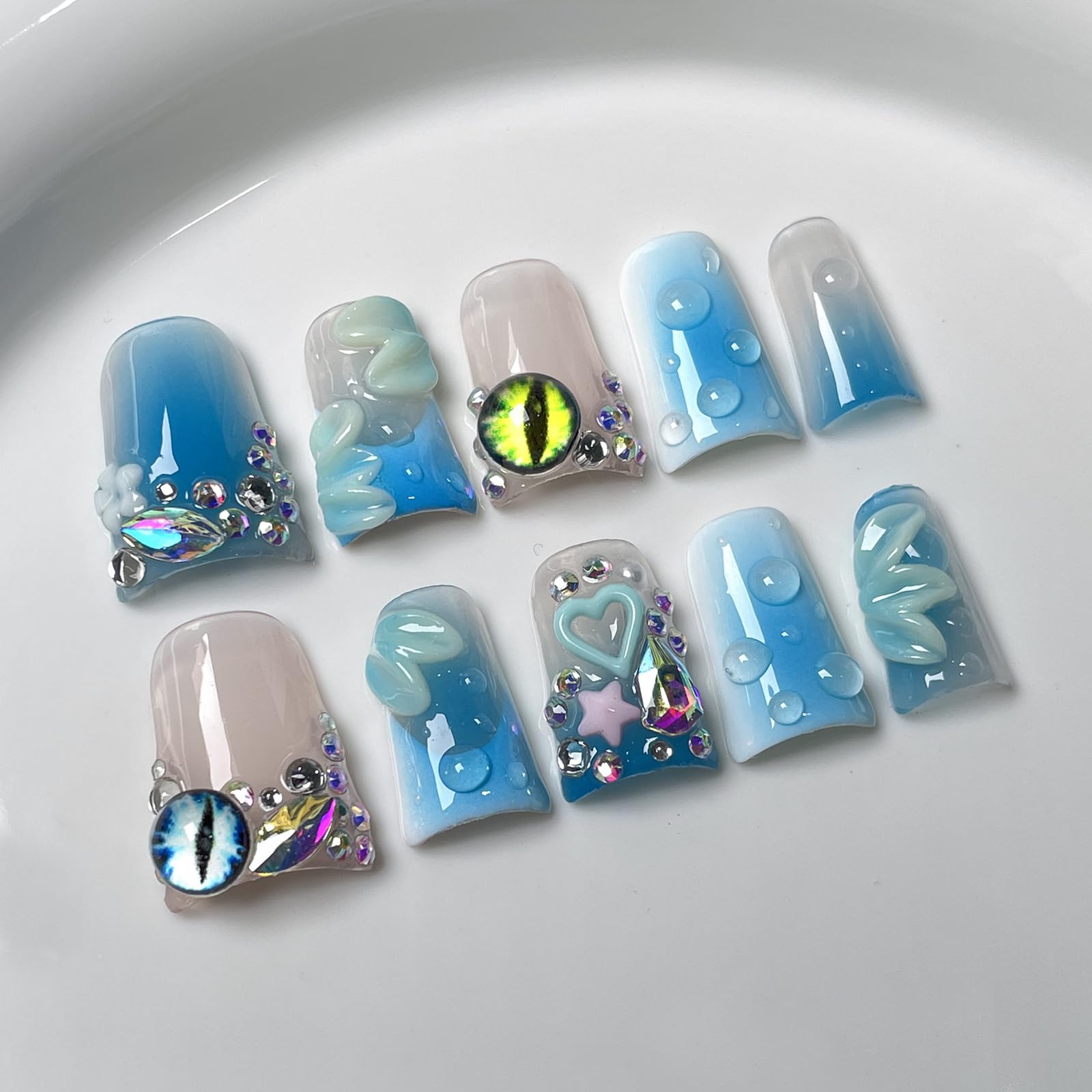 Uñas postizas a presión hechas a mano con diseño de pato corto 3D, uñas postizas acrílicas gruesas con punta francesa con diamantes de imitación, ojos de flores, diseños de uñas azules, resistentes
