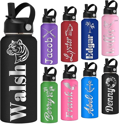 Miniatura 15 de Botellas de agua personalizadas con pajilla, botella de agua deportiva de acero inoxidable personalizada de 24 onzas con nombre grabado, botellas