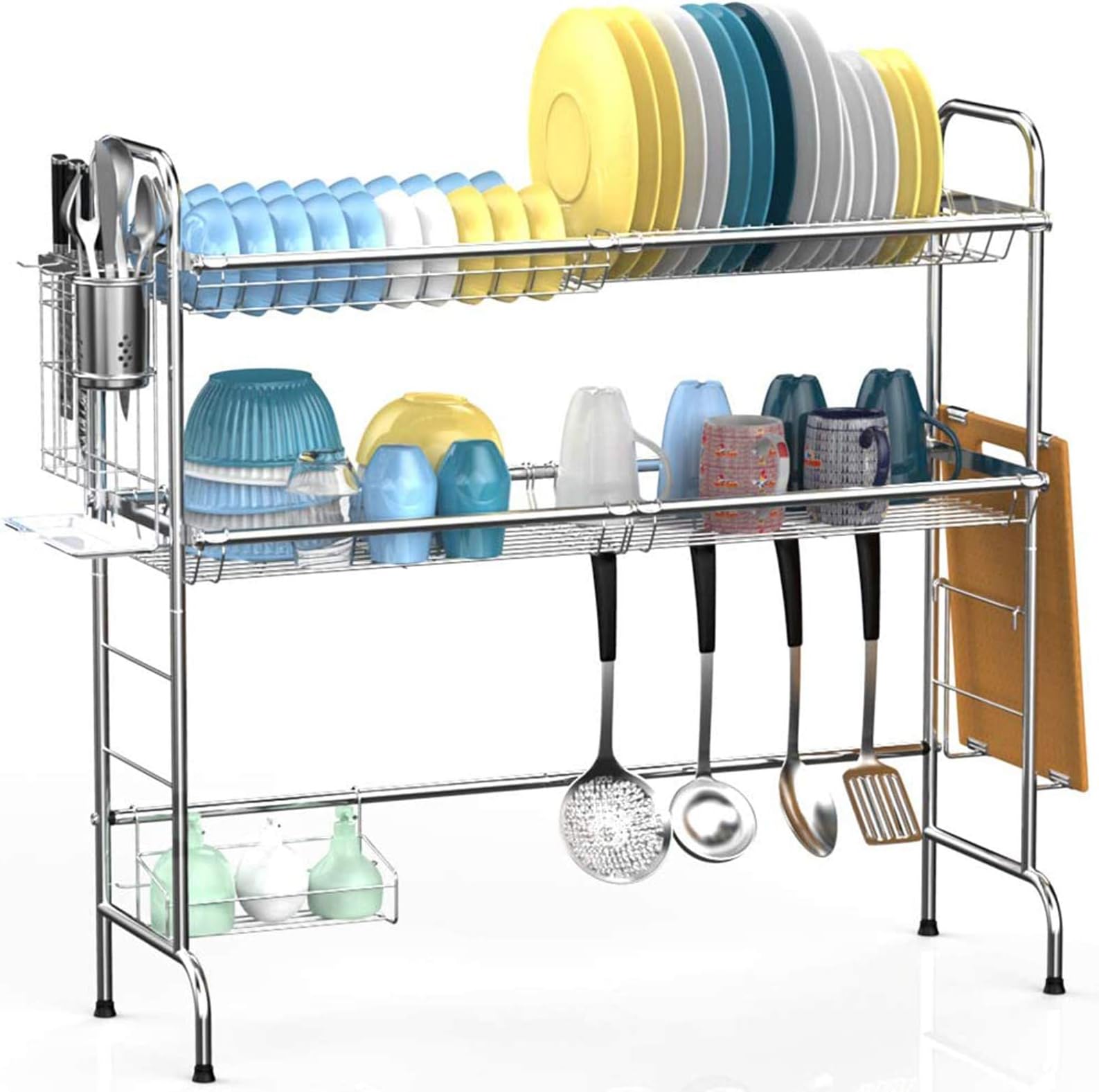 Veckle Over The Sink Dish Drying Rack, 2 Tier Dish Rack Easy Install Dish Drainer Non-Slip Stainless Steel Dish Dryer, Utensil Holder Cutting Board Holder Kitchen Counter Shelf Storage Rack, Silver