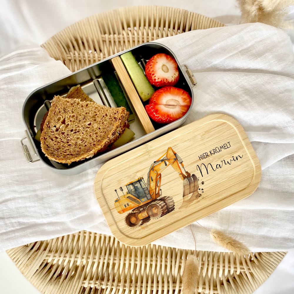 Manufaktur Liebevoll Personalisierte Brotdose Edelstahl Lunchbox mit Bambus Deckel Trenner Nachhaltige Brotbüchse Motiv Bagger