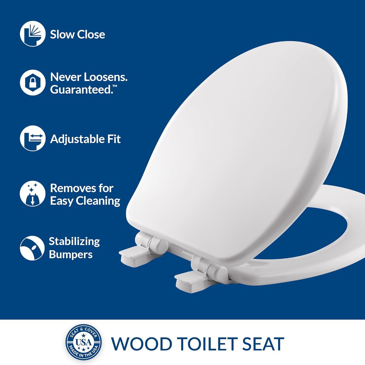 Mayfair Alesio II Slow Close Toilet Seat, Easy Clean Hinges and Adjustable Perfect Fit Wood Seat, Made in USA, Round, White