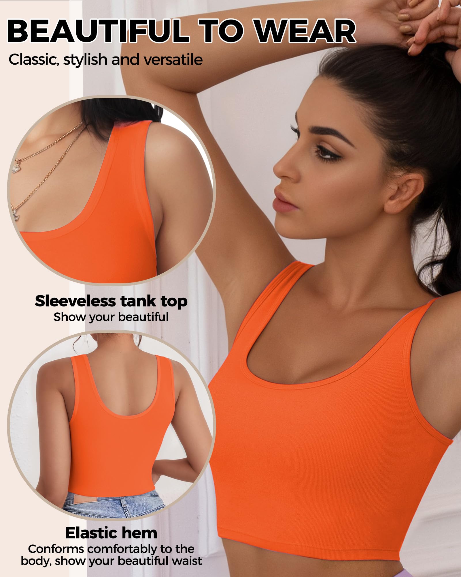 2-3 canottiere da donna, crop top senza maniche con scollo a U, crop top basic corto racerback per uscire magliette sportive atletiche, Bianco+arancio, XX-Large