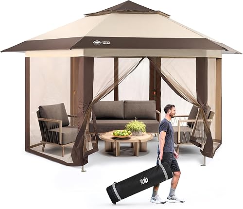 CROWN SHADES Gazebo desplegable de 13 x 13 pulgadas con mosquiteras, kiosco portátil patentado de 6 caras, tela recubierta plateada 300D, resistente