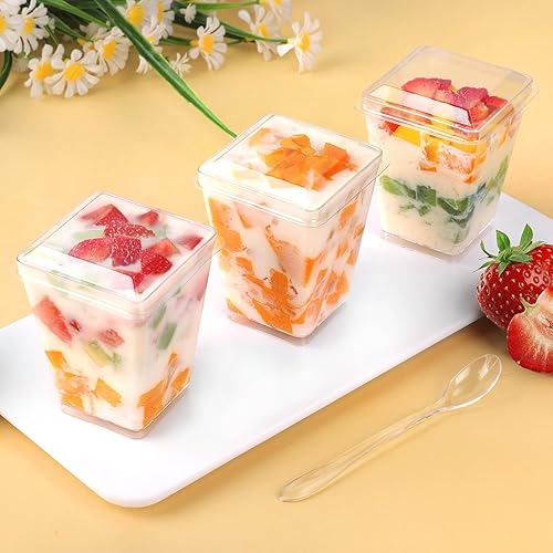 Miniatura 7 de Paquete de 50 tazas de postre de plástico de 5 onzas con tapas y cucharas, tazas de aperitivo de yogur para fiestas, mini tiradores de postre para