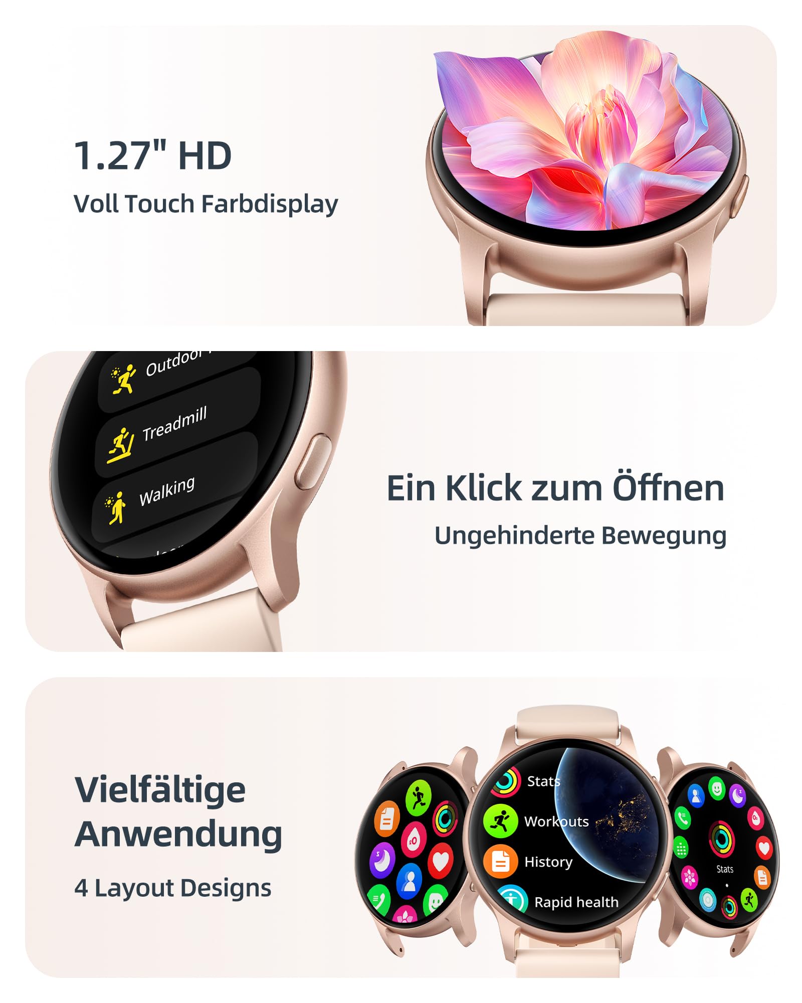 Parsonver Smartwatch Damen Herren mit 5ATM Wasserdicht, Schwimmuhr mit Telefonfunktion, Fitnessuhr mit 100+ Sportmodi, Herzfrequenz, Schlaftracking, Smart Watch für Android & iPhone (Roségold, 44 mm)