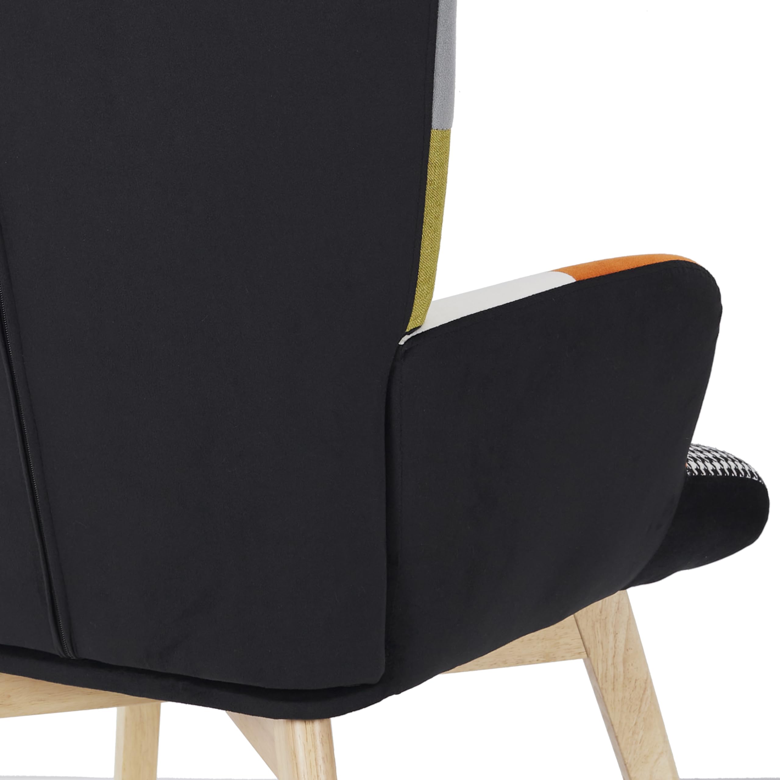 HOME DECO FACTORY Bilderrahmen-Set 10-teilig Verschiedene Größen Schwarz | Sessel aus Holz, Metall und Stoff im Patchwork-Stil, skandinavisches, bequeme Sitzfläche, Wohn-/Esszimmer, 66x99,5x72cm