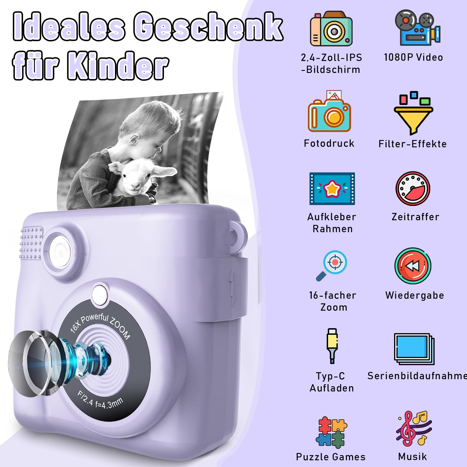 MILFECH Kinderkamera Sofortbildkamera, 1080P 2,4 Zoll Bildschirm DigitalKamera Kinder mit 5 Rollen Druckpapier,32GB Karte, Fotokamera mit 6 Farbigen Stiften,2 Aufkleber Geschenk für Kinder (Lila)
