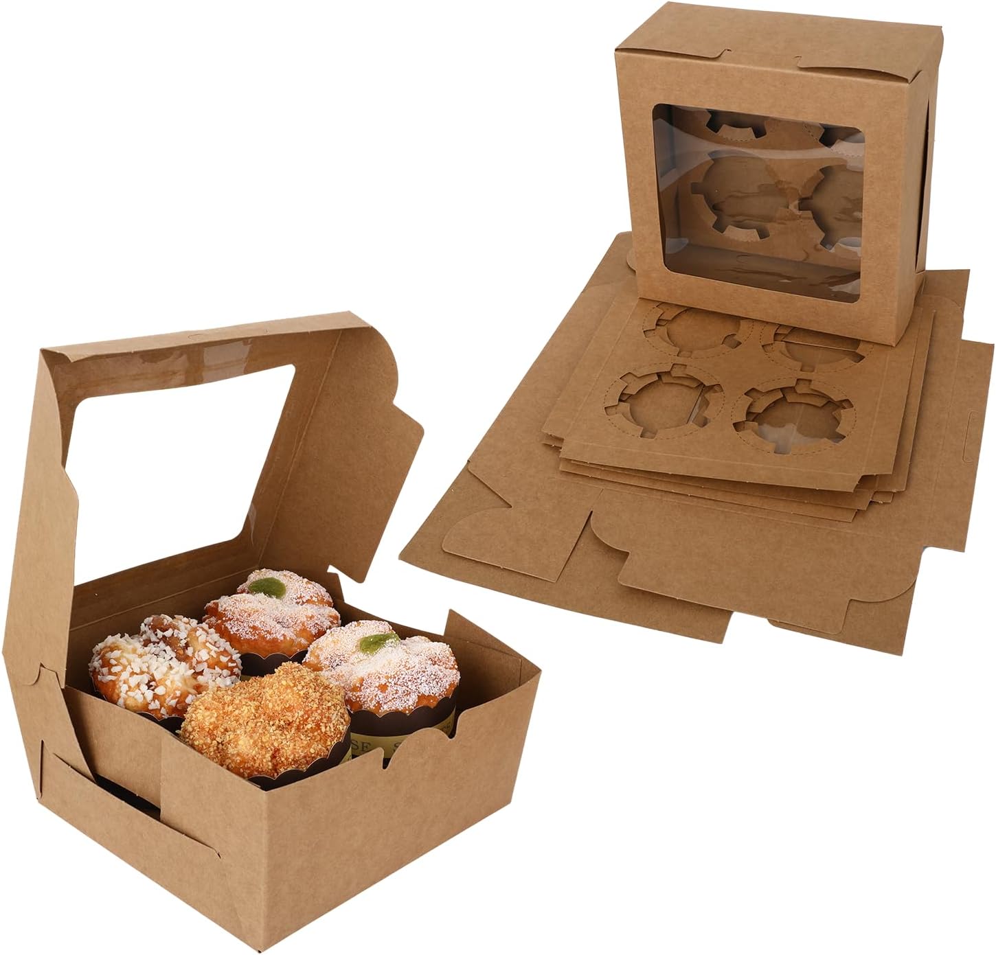 20 Pcs Cupcake Boxes 4 Count, Cupcake Boxes 6.3"x6.3"x3" with Clear Window & Insert, Cookie Cake Dessert Containers for Birthday Party Bakery Supplies Food Packaging and Presentation (Kraft)