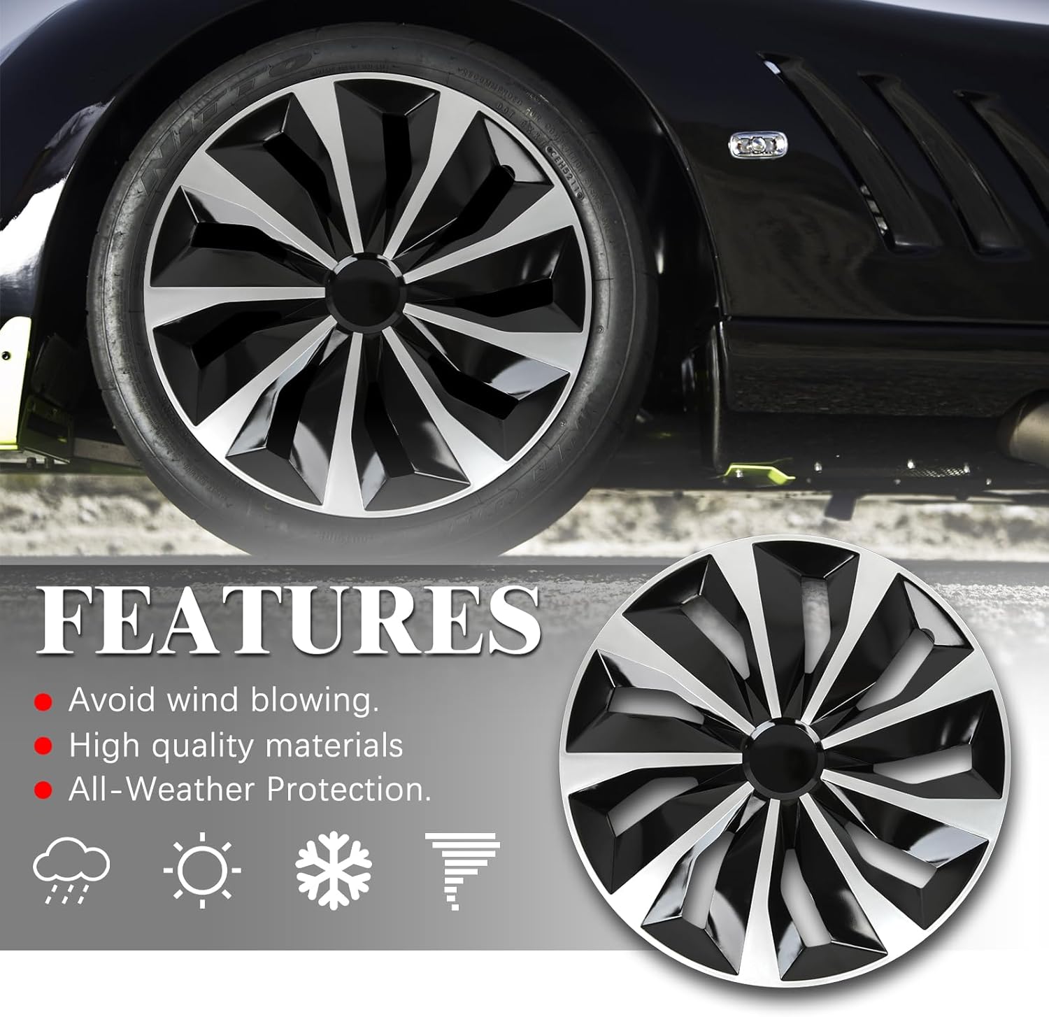 DREAMIZER 16 Inch Hubcaps Set Universal Wheel Rim Covers Replacement Snap on Hub caps Silver Black Full Hubcaps Set of 4 Compatible with Honda Toyota Corolla Nissan Most Cars SUV Truck