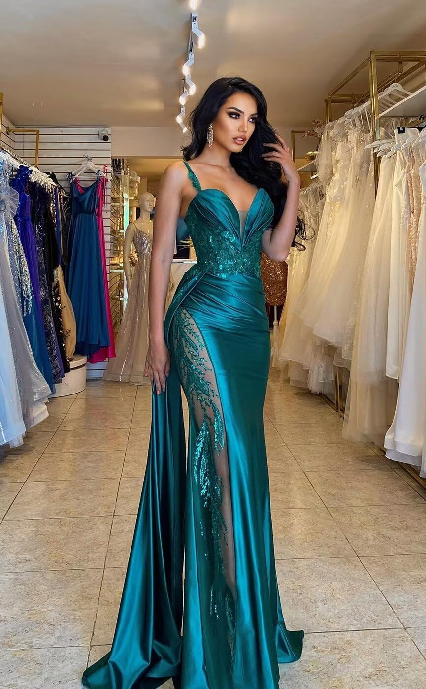 Spaghetti Strap Satin Prom Dresses Long V Neck Mermaid Evening Gown Corset Applique Formal Dress with Train